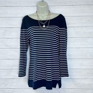 Joan Vass Boat Neck Blue White Stripped 3/4 Sleeved Shirt Large  💗